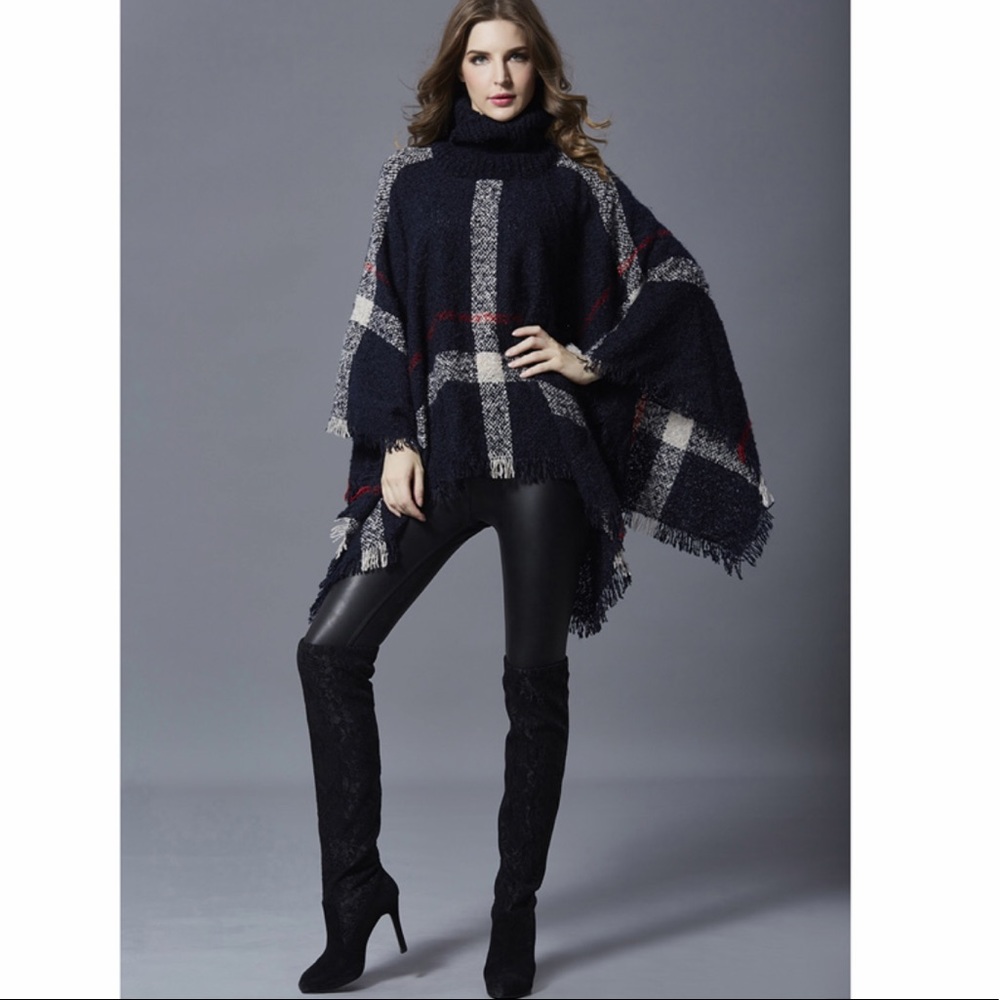 Black Plaid Turtleneck Poncho Cape - Picture 7 of 8